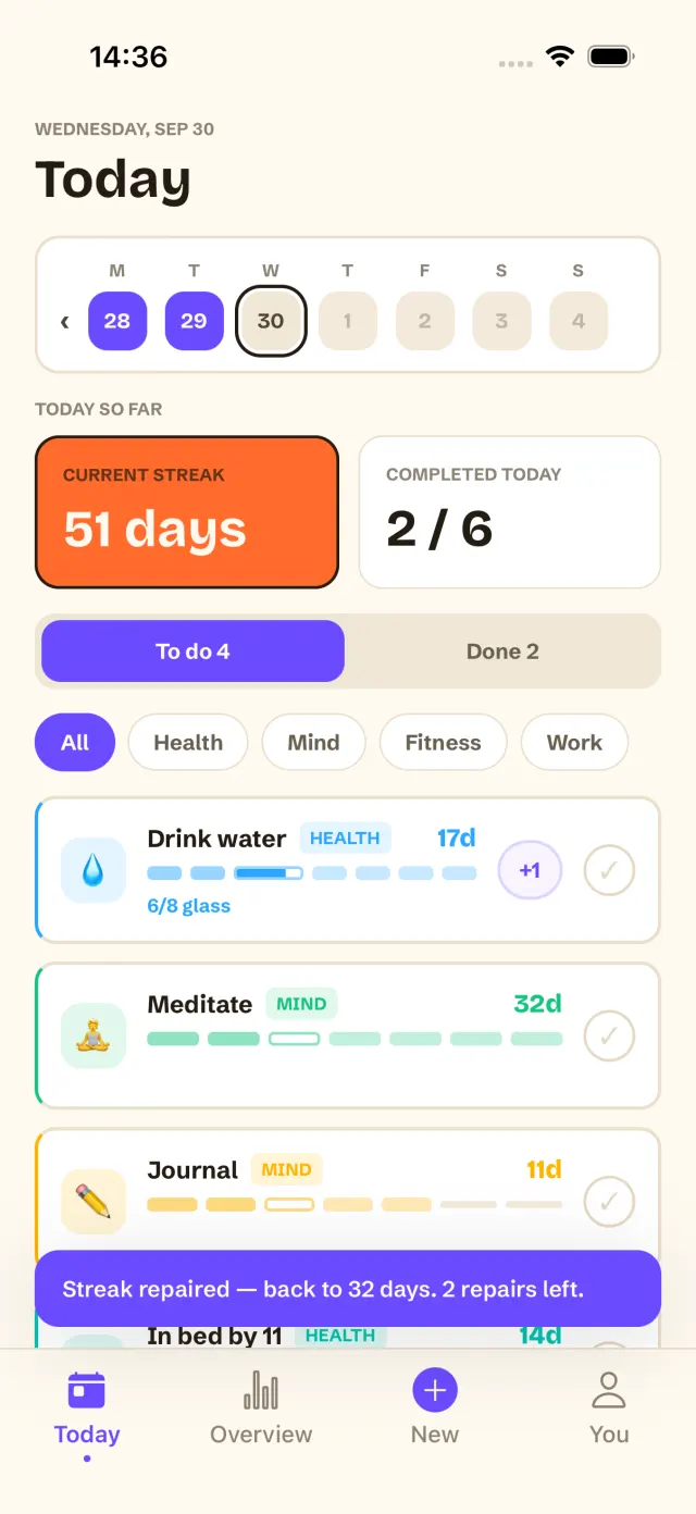 Once Today screen with the message “Streak repaired — back to 32 days. 2 repairs left.”